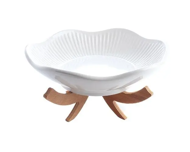 Bol salata pe suport de lemn, 28 cm, Ceramica, Alb