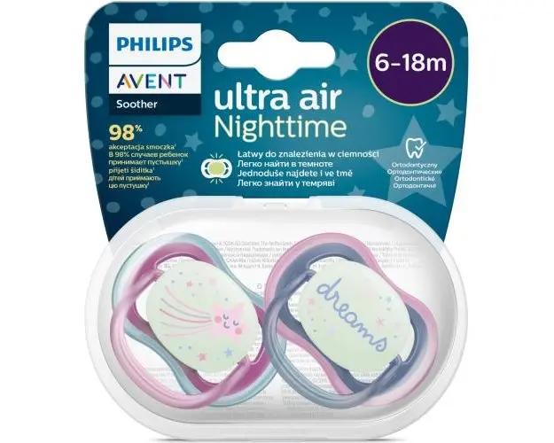 Set 2 suzete Philips-Avent SCF376/14, ultra air NightTime 6-18 luni, Ortodontice, fara BPA, Fosforescent, Dreams/Stea