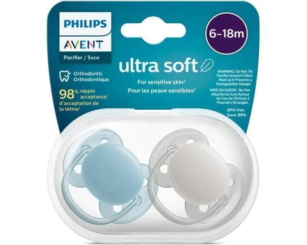 Set 2 suzete Philips-Avent SCF091/17, ultra soft 6-18 luni, Ortodontice, fara BPA, Gri/Albastra