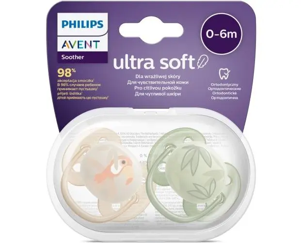 Set 2 suzete Philips-Avent SCF091/07, ultra soft 0-6 luni, Ortodontice, fara BPA, Frunze/Papagal