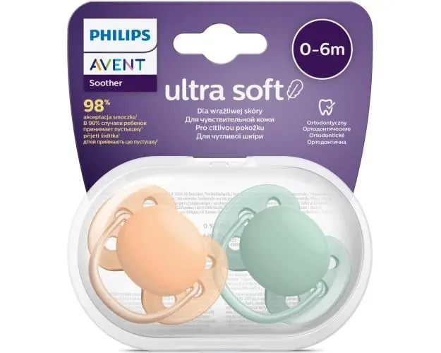 Set 2 suzete Philips-Avent SCF091/03, ultra soft 0-6 luni, Ortodontice, fara BPA, Verde/Portocaliu
