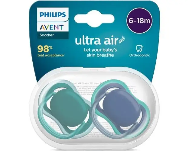 Set 2 suzete Philips-Avent SCF085/31, ultra air pacifier 6-18 luni, Ortodontice, fara BPA, Albastru/Verde