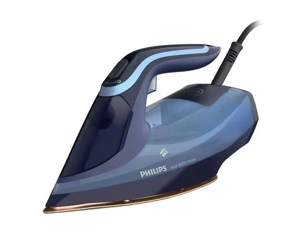 Fier de calcat Philips DST8020/20 Seria 8000, 3000W, talpa Steamglide Elite Rosecopper, OptimalTemp, Abur 55 g/min, jet de abur 240 g, capacitate rezervor 300ml, Detartrare Quick Calc Release, Oprire automata, Albastru