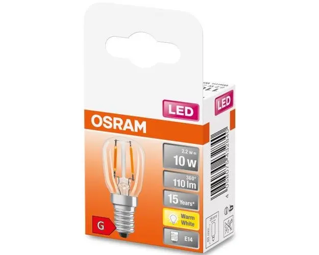 Bec LED filament pentru frigider Osram T26, E14, 2.2W, 110 lm, lumina calda (2700K), 230V, clasa energetica G