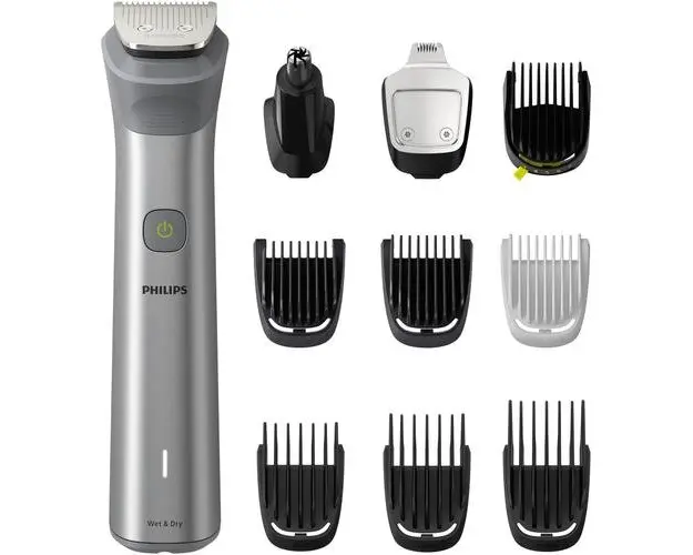 Aparat de tuns barba si parul 10 in 1 Philips Multigroom All in One MG5920/15, tehnologie BeardSense, lame din otel cu auto-ascutire, 11 setari de lungime, rezistent la apa, husa, Negru / Argintiu