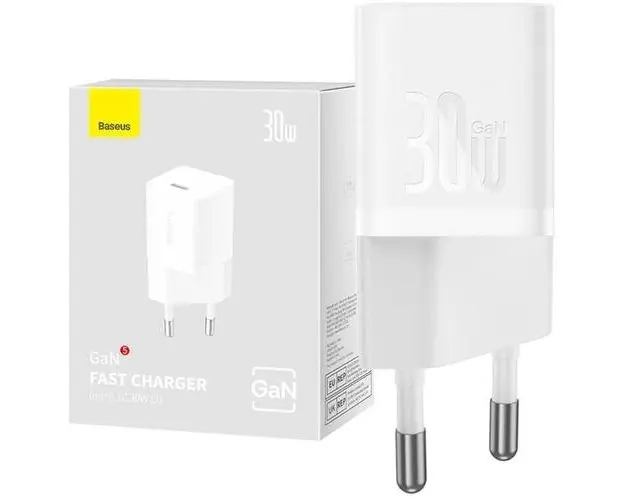 Incarcator retea Baseus, GaN5 Fast Charger 30W, 1 x USB Type-C 5V/3A, Alb
