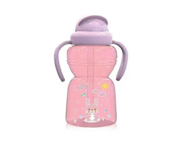 Biberon sport Animals, Lorelli, cu manere si pai moale, 6 luni+, 325 ml, Blush Pink