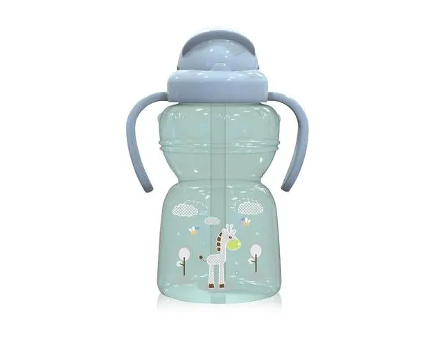 Biberon Animals Lorelli, cu manere si pai moale, 6 luni+, 325 ml, Mint Green