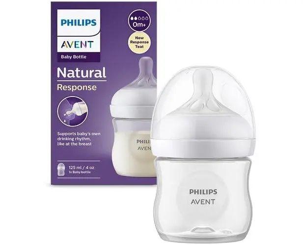 Biberon Philips Avent Natural Response SCY900/01, 125 ml, tetina care functioneaza ca sanul mamei, cu debit 2, tetina fara scurgeri, +0 luni, fara BPA, usor de curatat