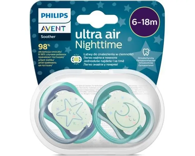 Set 2 suzete Philips-Avent SCF376/13, ultra air NightTime 6-18 luni, Ortodontice, fara BPA, Fosforescent, Stea/Luna