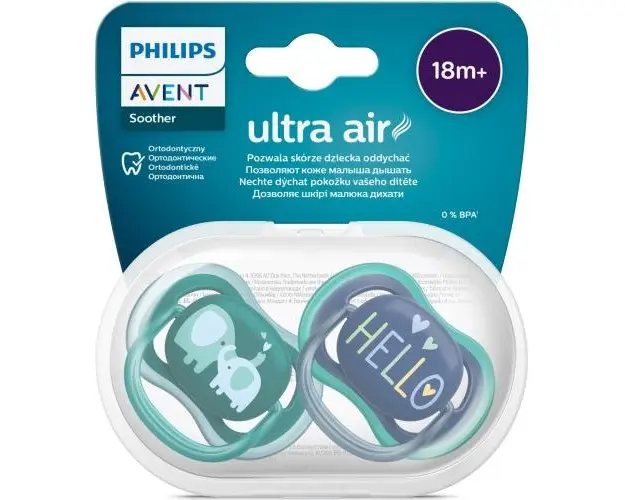 Set 2 suzete Philips-Avent SCF349/18, ultra air 18+ luni, Ortodontice, fara BPA, Hello/Elefant