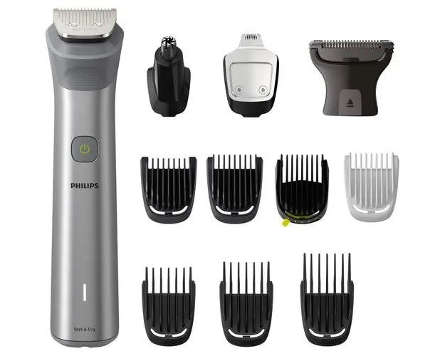 Aparat de tuns barba si parul 12 in 1 Philips Multigroom All in One MG5940/15, tehnologie BeardSense, lame din otel cu auto-ascutire, 11 setari de lungime, rezistent la apa, husa, Argintiu