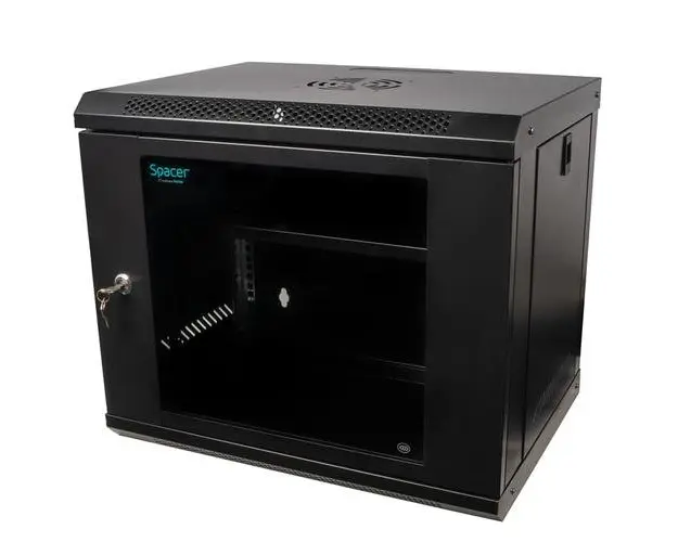 Cabinet 19″ SPACER 9U 500x450mm, fixare pe perete, Flatpack (dezasamblat), negru, panouri detasabile, otel 1mm, sarcina maxima 25Kg