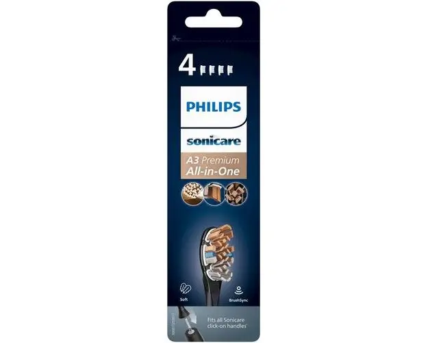 Rezerve Philips Sonicare A3 Premium All in One HX9094/11, pachet de 4 capete de periere standard, sincronizarea modurilor BrushSync, Negru