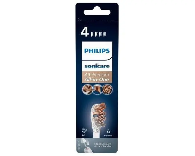 Rezerve Philips Sonicare A3 Premium All in One HX9094/10, pachet de 4 capete de periere standard, sincronizarea modurilor BrushSync, Alb