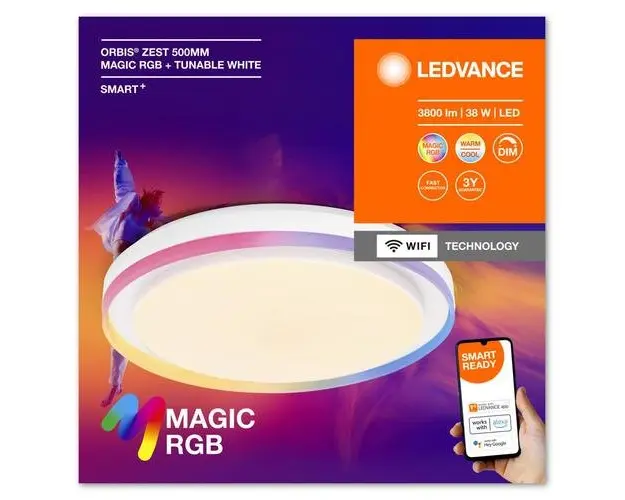 Plafoniera LED RGB inteligenta Ledvance Smart+ WiFi Magic ORBIS ZEST cu Telecomanda, 38W, 3800 lm, lumina alba si color (2700-6500K), dimabila, IP20, Ø490x100mm, Alb, clasa energetica E