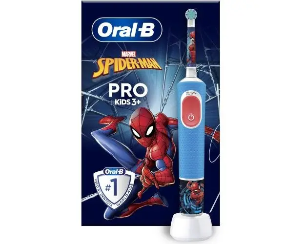Periuta de dinti electrica Oral-B Pro Kids Spiderman pentru copii, Curatare 2D, 2 programe, 1 capat, 4 autocolante, Albastru