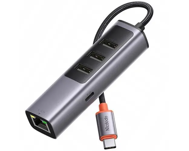 Adaptor Mcdodo, 1 x USB-C + 3x USB 3.0 5Gbps + 1 x Ethernet Gigabit LAN RJ45, HUB 100W, Gri