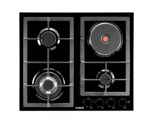 Plita Incorporabila Mixta Samus PSGE-63SB1, 3 arzatoare pe gaz + 1 arzator electric, Sisteme de siguranta la arzatoare pe gaz, Aprindere electrica, Negru