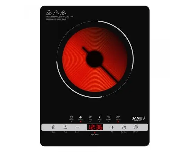 Plita Electrica Vitroceramica Samus PSVFE-11BG4, Infrarosu, Portabila, 2000 W, Control Tactil, 10 Trepte putere, Presetari multifunctionale: Steam, Heating, BBQ, Warm, Hot Pot, Stir-Fry, Negru Mat