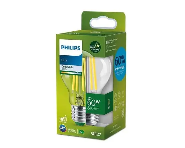 Bec LED Philips Classic A60, Ultra Efficient Light, E27, 4W (60W), 840 lm, lumina neutra (4000K)