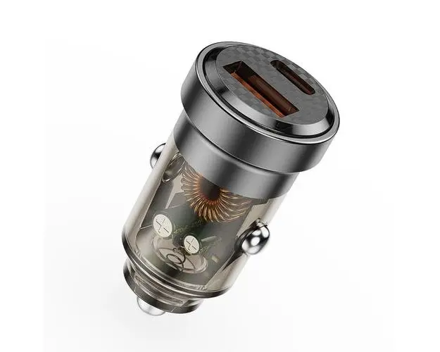 Incarcator auto Lemontti Fast Charge Dual Port PD Type-C + USB QC, 45W (Transparent/Negru)