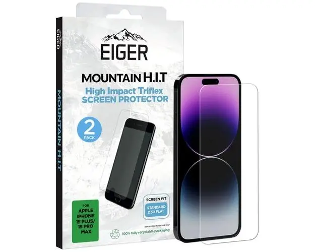 Folie Sticla Eiger Mountain H.I.T compatibila cu iPhone 15 Plus / 15 Pro Max, pachet de 2 buc (Transparent)