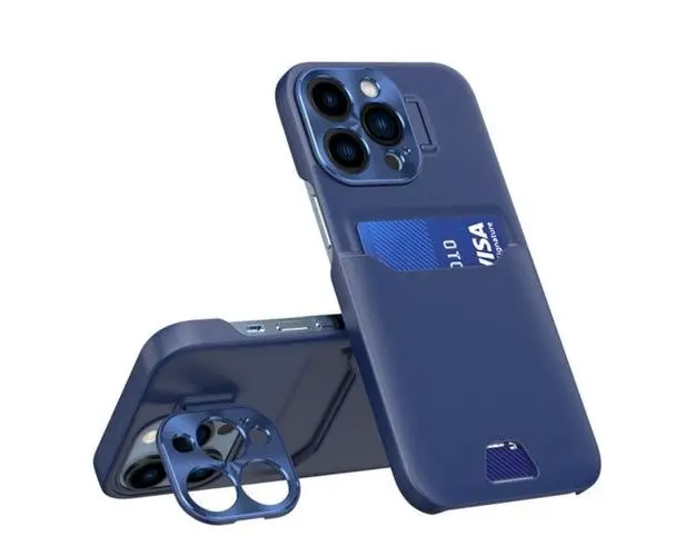 Husa Lemontti Leather Stand compatibila cu iPhone 14 Pro, Albastru, cu suport pentru card