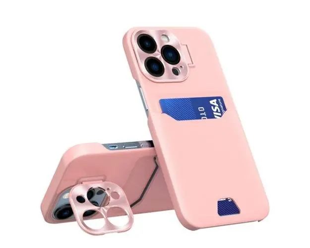Husa Lemontti Leather Stand compatibila cu iPhone 14 Pro, Roz, cu suport pentru card