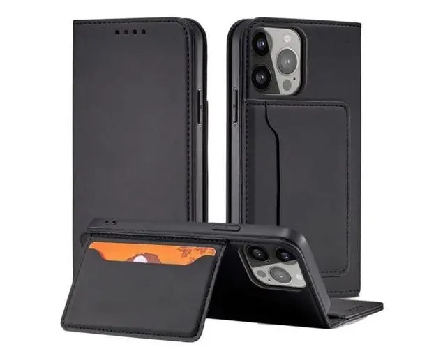 Husa Lemontti Book Magnet Card compatibila cu iPhone 14 Pro, cu suport portofel, Negru
