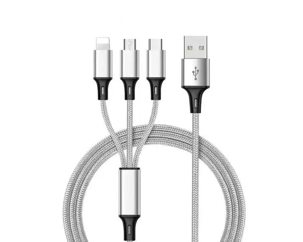 Cablu Lemontti 3 in 1 USB la Lightning, MicroUSB si Type-c, 1m, impletitura textila, Gri