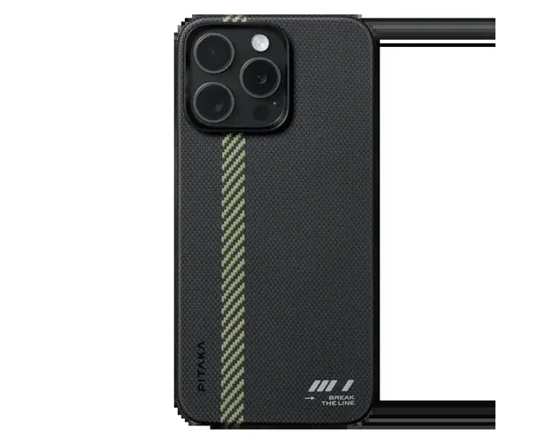 Husa Protectie Spate MagEZ 5 Pitaka din fibra de aramida pentru Apple iPhone 15 Pro Max, Magsafe, 600D, Slim, Break the line (Negru/Galben)