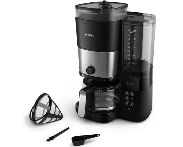 Cafetiera Philips HD7900/50 All-in-1 Brew, rasnita integrata, Recipient dublu pentru boabe de cafea, Filtru permanent, Functie anti-picurare, Afisaj LED, Rezervor de apa detasabil, Lingura de dozare (Negru)