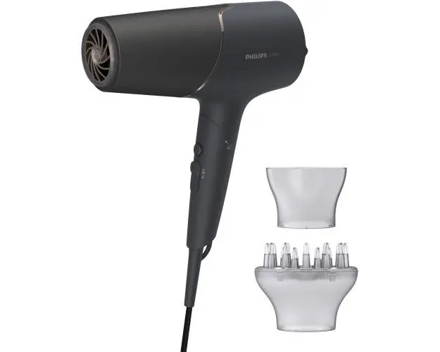 Uscator de par Philips BHD538/30, 2300W, tehnologie ThermoShield, ingrijire cu ioni, 3 setari de temperatura, 2 setari de viteza, difuzor, cap de coafare 11 mm (Negru/Roz)