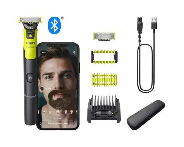 Aparat hibrid de barbierit, ras si tuns Philips OneBlade 360 QP4631/65, pieptene reglabil 5 in 1, Bluetooth, Autonomie 60 min, toc de transport, lama 360 inlocuibila suplimentara (Negru/Verde)