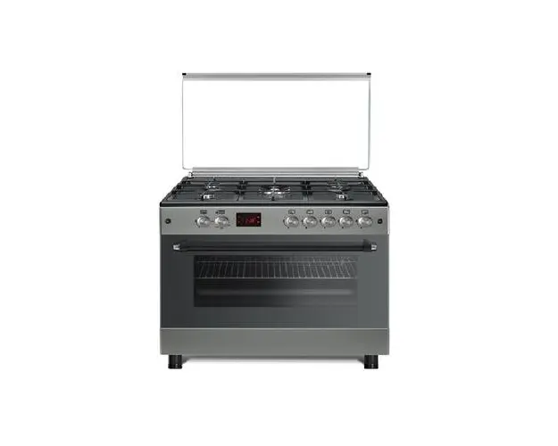 Aragaz Studio Casa Nando, 5 zone de gatit, Gaz, Wok, Rotisor, Timer digital, Grill electric, Gratare fonta, O plita/ tava fonta, Aprindere electrica, 90 cm, Clasa energetica A (Gri)