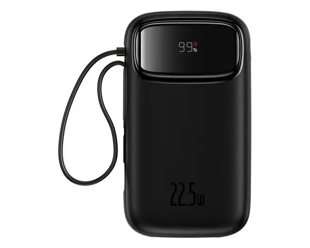 Acumulator extern Baseus Qpow2, 10.000 mAh, cablu dual USB-C si Lightning incorporat, Incarcare rapida, 22.5W, Digital Display (Negru)