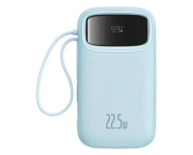 Baterie externa Baseus Qpow2, 10.000 mAh, cablu dual USB-C si Lightning incorporat, Incarcare rapida, 22.5W, Digital Display (Albastru)