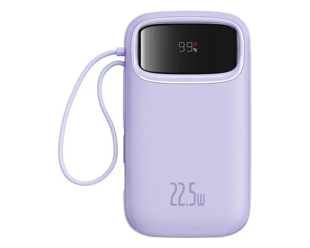 Acumulator extern Baseus Qpow2, 10.000 mAh, cablu dual USB-C si Lightning incorporat, Incarcare rapida, 22.5W, Digital Display (Violet)
