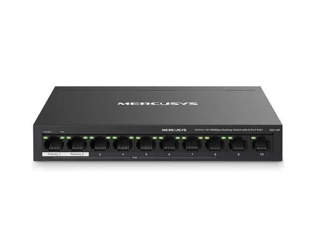 Switch PoE Desktop Mercusys MS110GP, 10 porturi 10/100Mbps (dintre care 8 porturi PoE+) , carcasa metalica (Negru)
