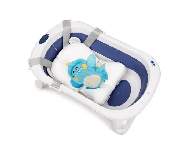 Cadita bebelusi Juju AquaSplash, 0+ luni, pliabila, cu pernuta detasabila, termometru electronic incorporat, dop scurgere, picioruse antiderapante, design ergonomic, Albastru
