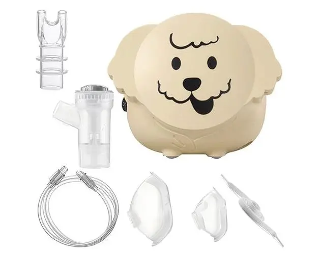 Aparat de aerosoli Flaem Puppy, fabricat in Italia, functionare continua, 2 viteze de nebulizare, pahar RF8 Dual Speed, masca copii si adulti Soft Touch, Bej