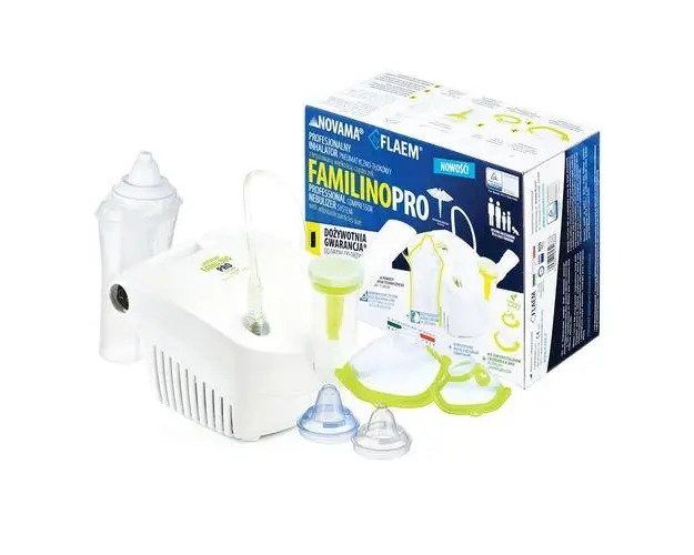 Aparat aerosoli Novama Familino Pro by Flaem, nebulizator cu compresor, Irigator nazal Rhino Clear Ergo, 2 moduri de nebulizare, dimensiuni particule reglabile, masca copii si adulti, Alb