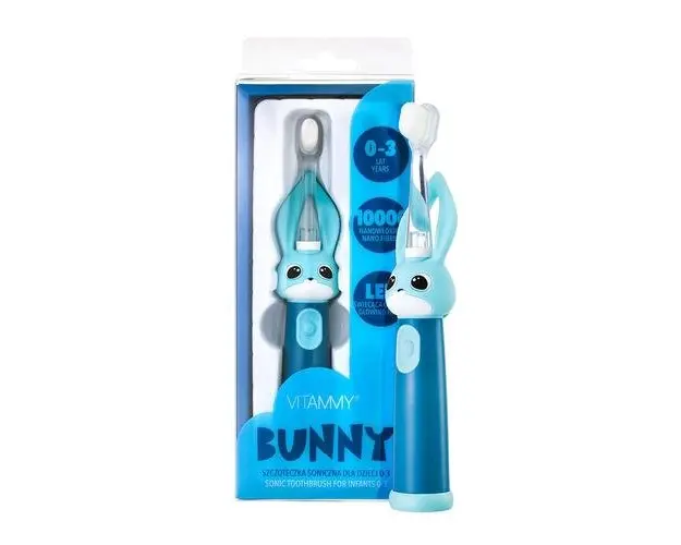 Periuta de dinti electrica Vitammy Bunny Blue, pentru copii 0-3 ani, cu lumina LED si efecte sonore, 24.000 de miscari/min, 2 programe de periaj, fibre nano