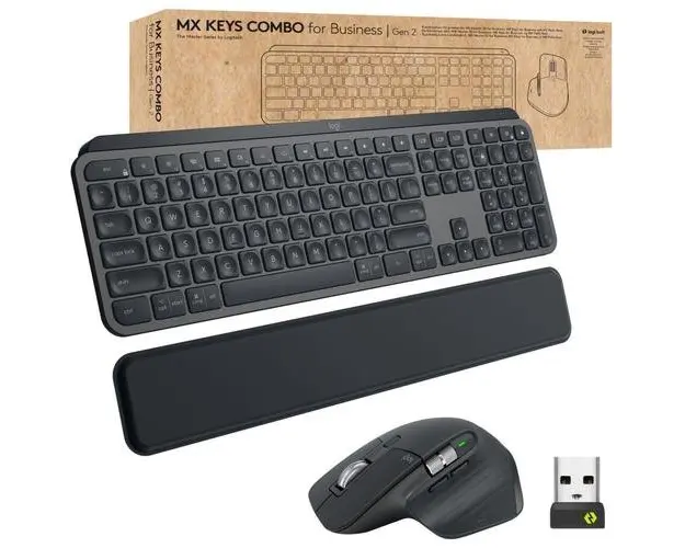 Kit Tastatura si mouse Logitech MX Keys Combo, Layout German, Wireless, Bluetooth (Negru)