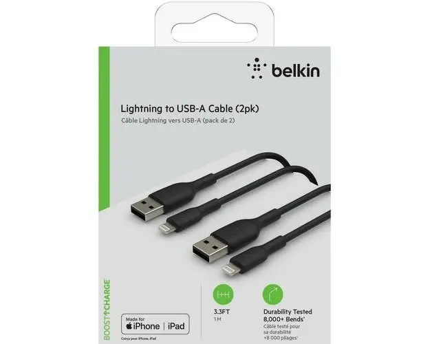 Cablu Belkin BOOST CHARGE USB-A catre Lightning, PVC, 1M (Pachet de 2 bucati), Negru