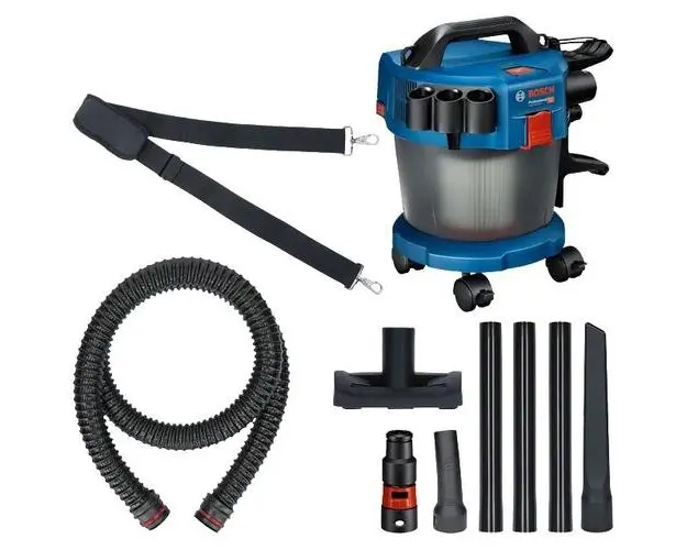 Aspirator pe acumulator Bosch Professional 06019C6302, 18 V, 115 mbari, 6 l volum recipient, curea de umar, 3 buc tub aspiratie, 1 adaptor scula electrica, furtun 1.6 m, duza rosturi, 4 roti, teava cu cot, filtru burduf praf, duza pardoseli