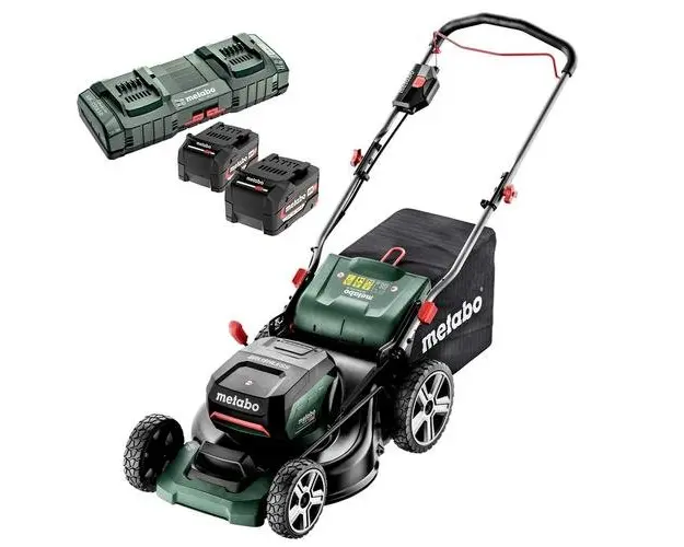 Masina gazon Metabo RM 36-18 LTX BL46 cu acumulatori, motor fara perii, latime lucru 46 cm, volum cos 55 l, acumulatori 2 x 18V / 5.2 Ah, Incarcator dublu ASC 145 Duo inchAir cooledinch (Verde)