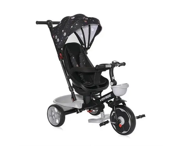 Tricicleta pentru copii Lorelli Voyage, Otel, cu sezut reversibil, centura siguranta, maner control parental, roti spuma EVA, 1-5 Ani, Negru