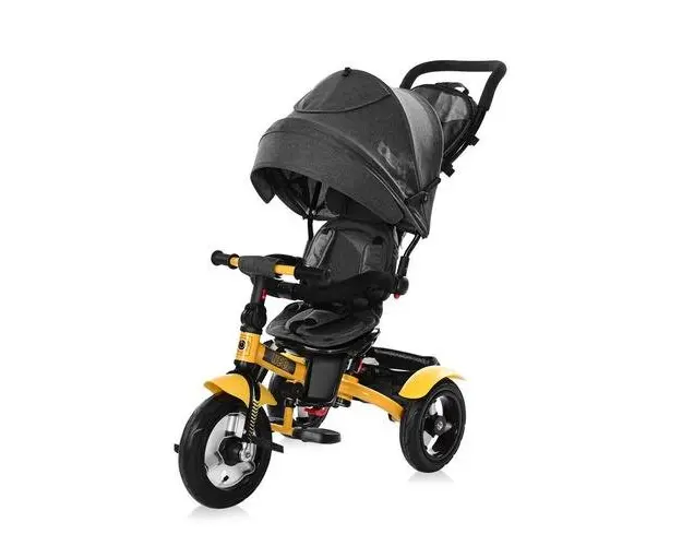 Tricicleta multifunctionala 4in1 Lorelli Neo Air, roti mari cu camera si aparatori, scaun 360 grade, spatar reglabil, cadru din otel, centura siguranta in 3 puncte, copertina pliabila, Galben/Negru